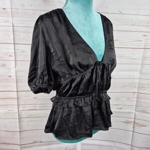 Lush Womens Size Large Black Satin Top Whimsigoth Coquette Y2K Grunge Peplum